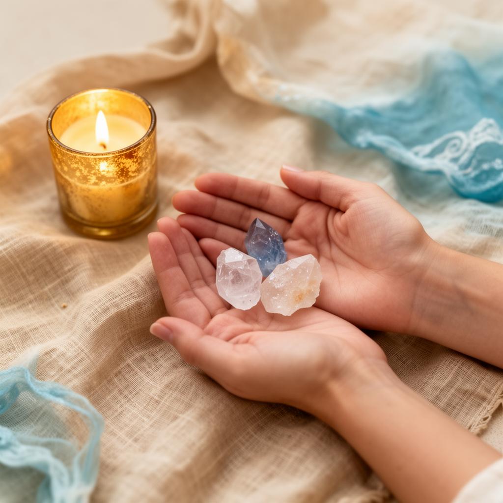 Hands holding healing crystals by candlelight