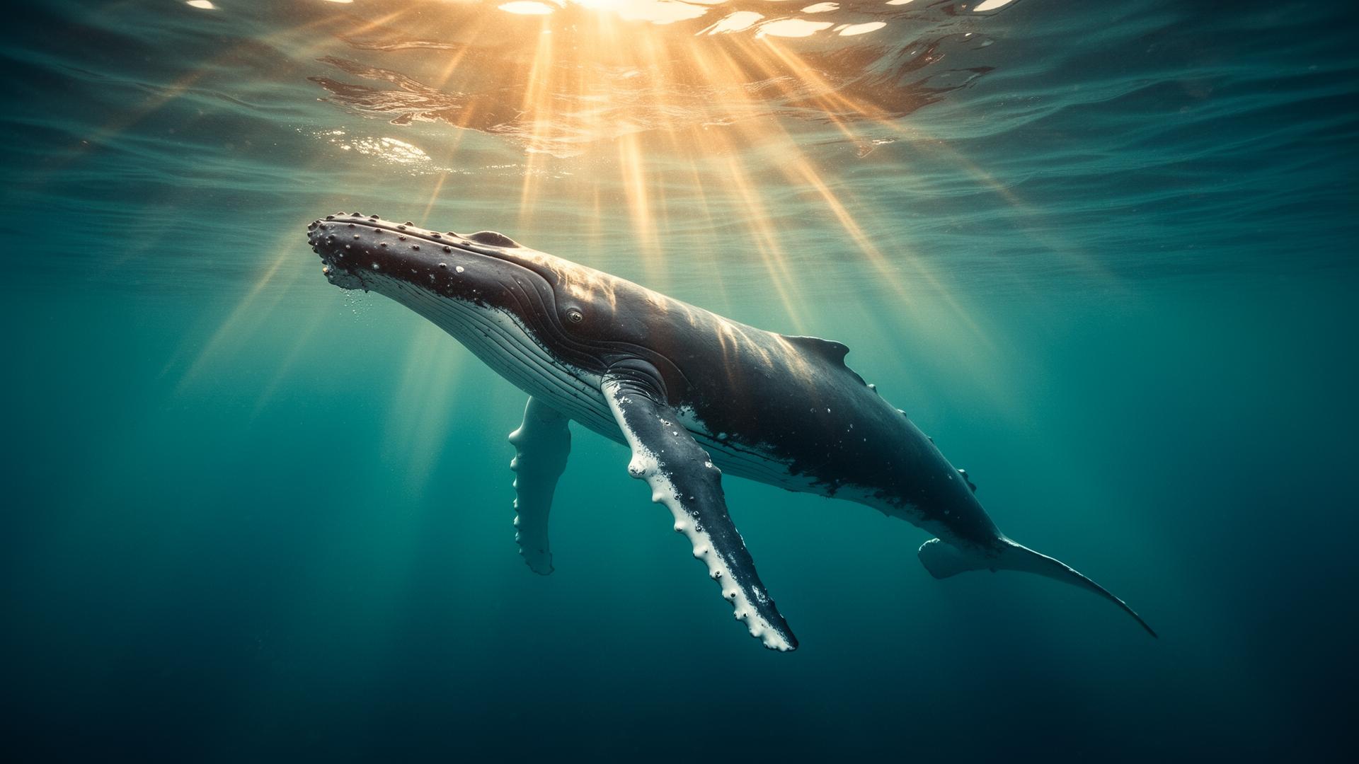 Humpback whale gliding through sunlit turquoise ocean